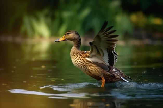 Un pato está en el agua con las alas extendidas.