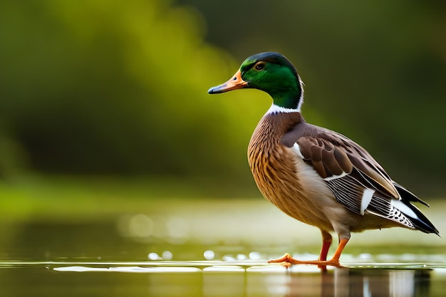 Un pato se para en un estanque en el bosque.