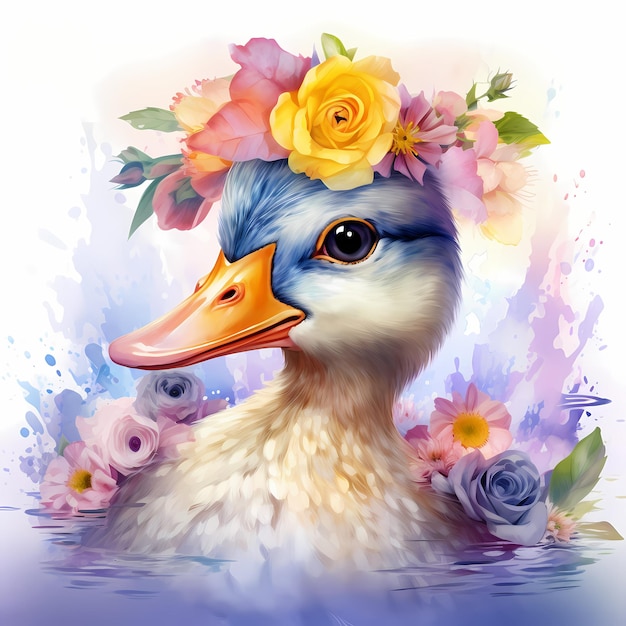 un pato con flores alrededor del cuello y el pato en el agua