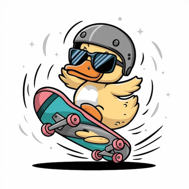 un pato con gafas de sol en la cabeza está montando una patineta