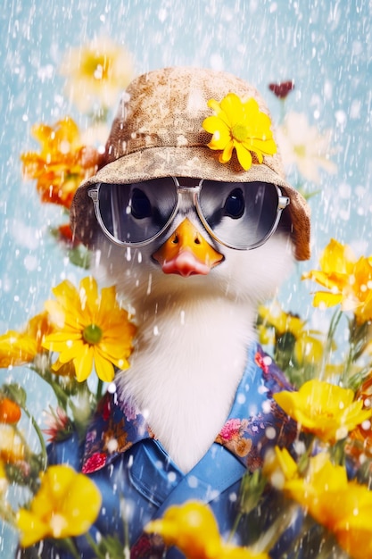 Pato con gafas de sol y sombrero con una flor en el cabello IA generativa