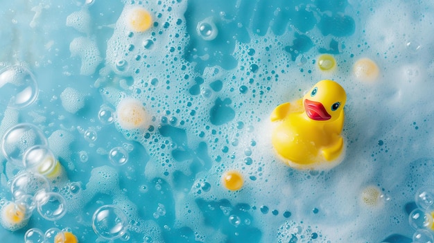 Pato de goma amarillo flotando en un baño azul con espuma de jabón y burbujas