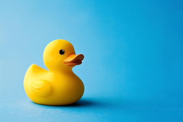 un pato de goma amarillo sobre un fondo azul