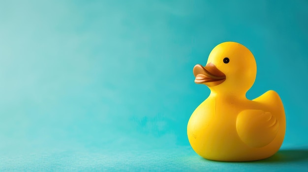 Pato de goma amarillo sobre un fondo azul