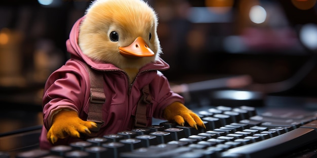 El pato de goma está sentado encima de una computadora portátil.