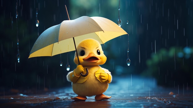 un pato de goma con un paraguas y un paraguasa en la lluvia