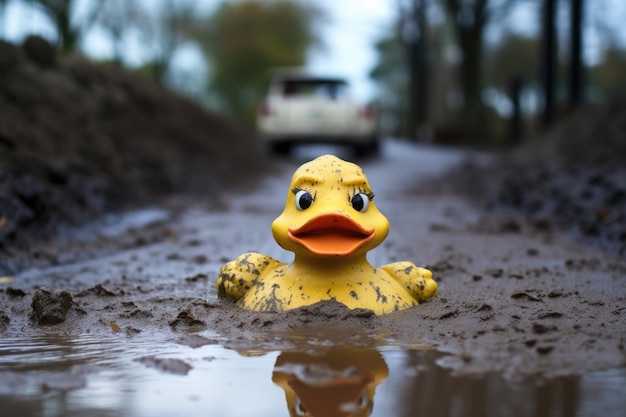 Foto pato de goma sucio flotando en un charco fangoso en un camino de tierra