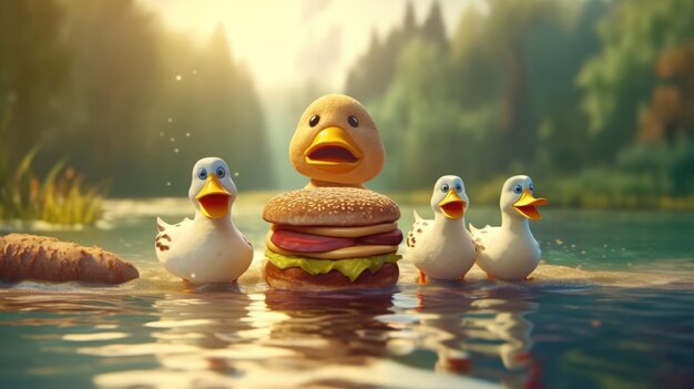 Un pato con una hamburguesa en el agua.