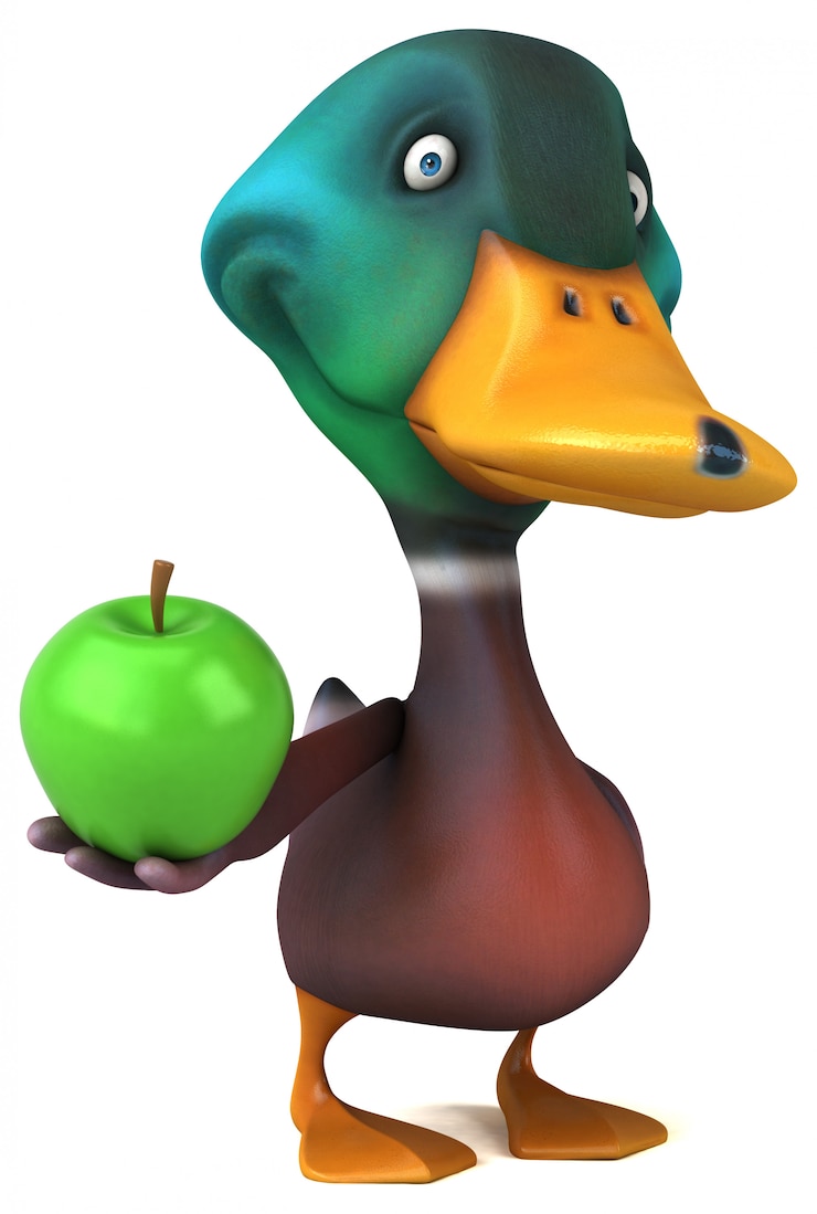Foto pato ilustrado divertido divertido que sostiene una manzana