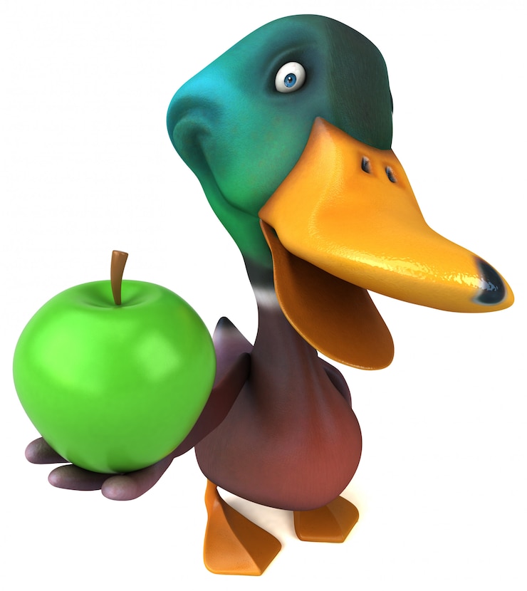 Foto pato ilustrado divertido divertido que sostiene una manzana