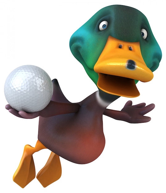 Pato ilustrado divertido divertido que sostiene una pelota de golf