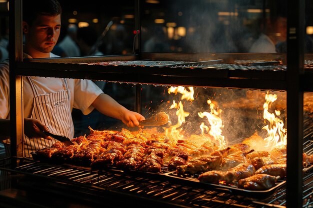 Pato iris asado crujiente entero servido en un plato aislado en una vista lateral de tabla de madera en gris