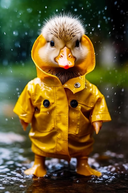 Pato de juguete con impermeable amarillo y nariz roja en la lluvia IA generativa