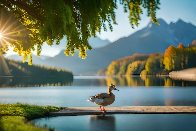 Un pato en un lago en las montañas.