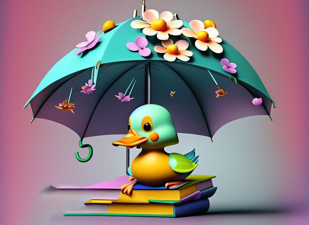 Pato lindo en 3D con flores libro con fondo colorido bajo el paraguas