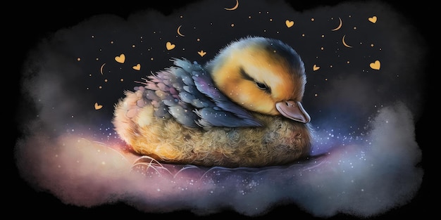 Un pato lindo y adorable está durmiendo bajo el cielo nocturno entre la almohada de estrellas