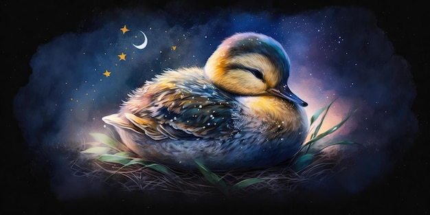 Un pato lindo y adorable está durmiendo bajo el cielo nocturno entre la almohada de estrellas