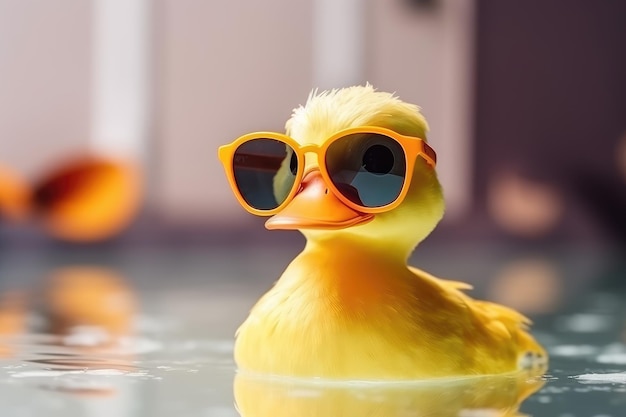 Un pato lindo y gracioso con gafas de sol con una IA de emociones felices.