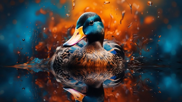 Foto el pato mallardo nadando en la vibrante superficie del agua