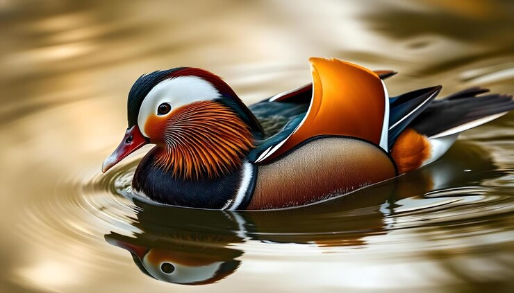 El pato mandarín nadando con gracia mostrando plumas vibrantes sobre un fondo de agua suave