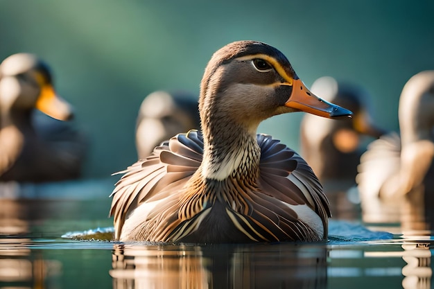 Un pato nada en un estanque con otros patos al fondo.