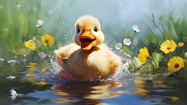 un pato nadando en el agua con flores