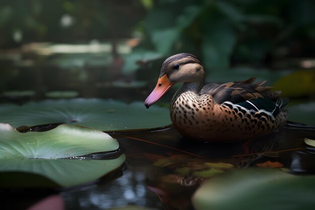 Pato nadando en un sereno estanque de lotos