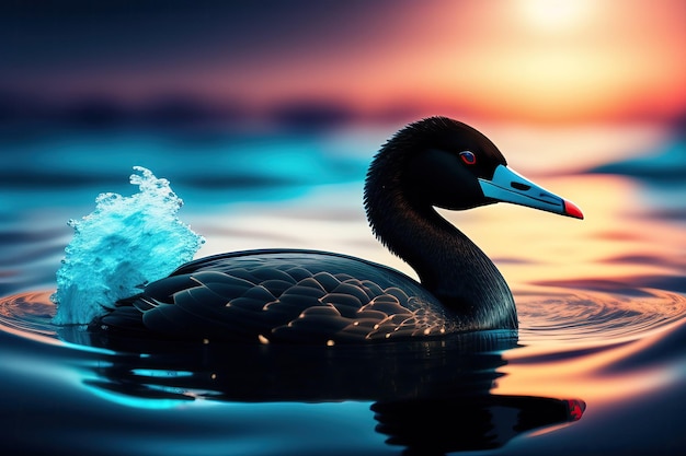 Un pato con un ojo azul y naranja nada en el agua.