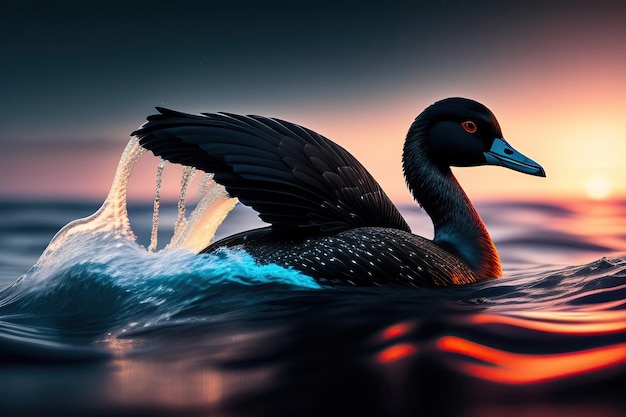 Un pato con un ojo rojo está nadando en el agua.