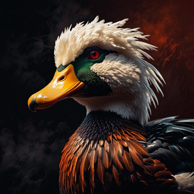 un pato con un pico amarillo y un ojo rojo