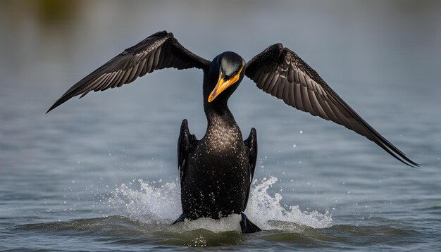 Foto un pato con un pico naranja está en el agua y las alas son negras