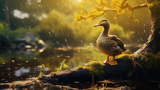 Foto un pato está de pie en un árbol y canta papel tapiz uhd