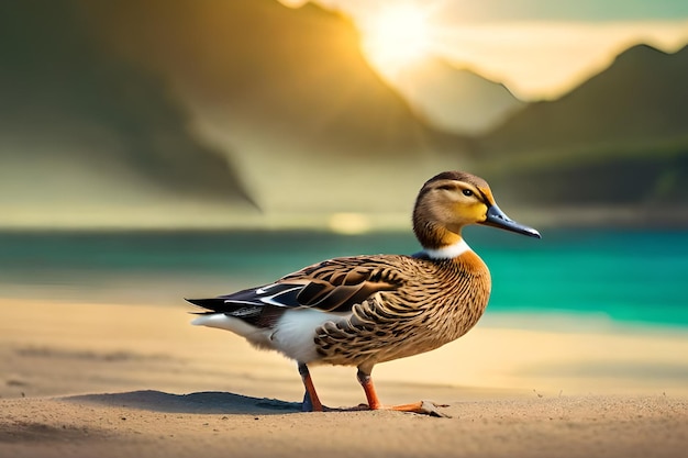 Un pato en una playa con montañas al fondo.