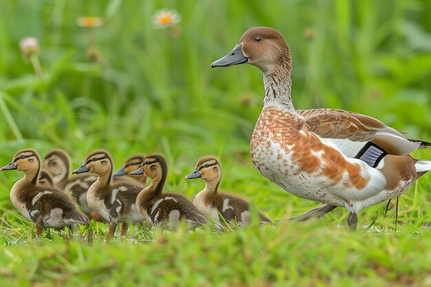 Foto un pato que lleva a sus patitos