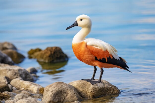 Foto un pato refugiado solitario una escena cautivadora en la orilla de las aguas