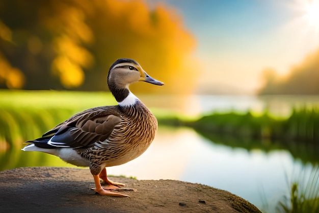 Un pato en una roca junto a un río.