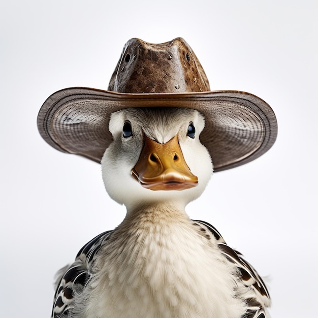 Foto pato salvaje con sombrero de vaquero en fondo blanco