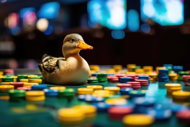 Un pato se sienta en una mesa con monedas de colores IA generativa
