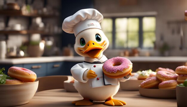 un pato con un sombrero de chef sosteniendo una rosquilla