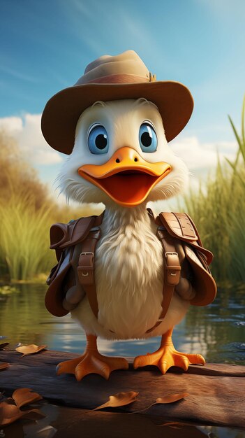 Foto pato con sombrero y mochila ia generativa