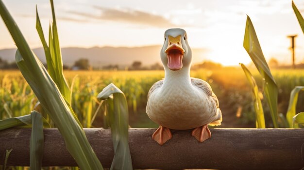Foto el pato sonriente en el poste de la valla escenario rural encantador e idílico