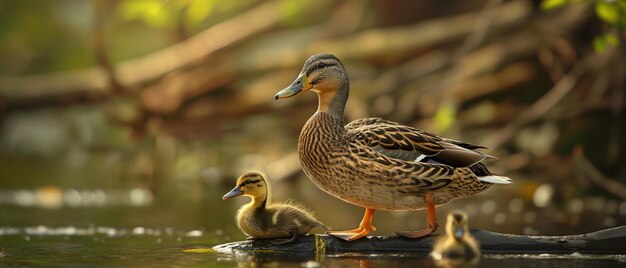 Pato y su polluelo en la naturaleza papel tapiz