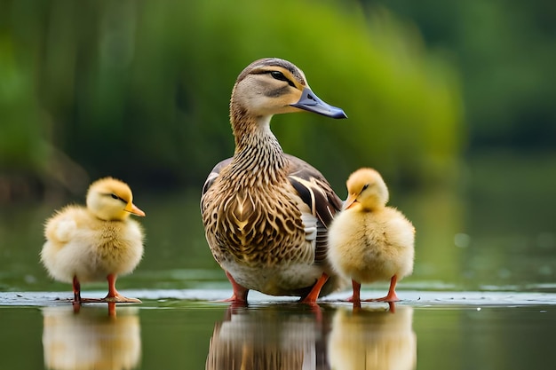 Un pato con sus dos bebés.