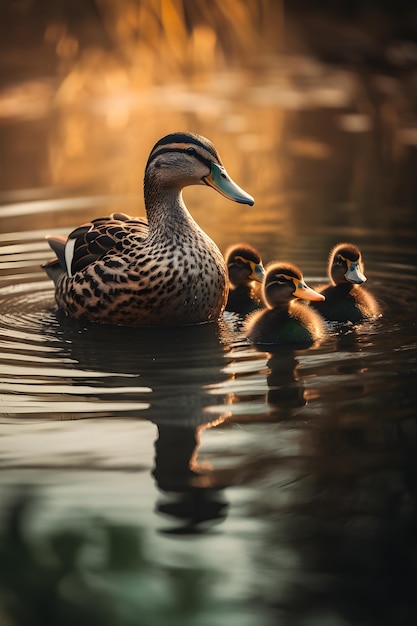 Un pato con sus patitos en un estanque