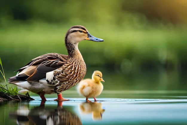 Un pato y sus patitos se paran en un estanque.