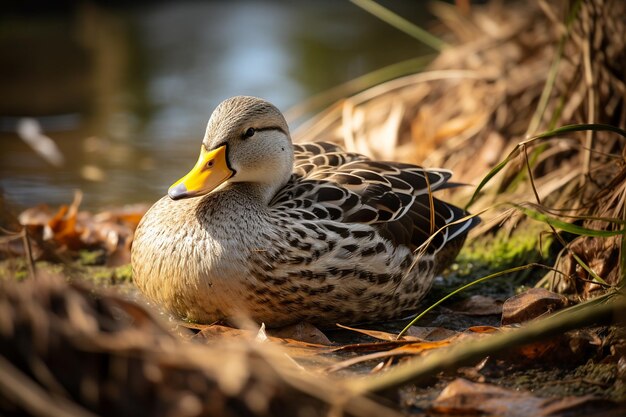 Un pato tomando el sol en la orilla de un río