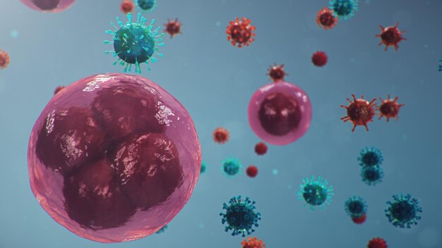 Patógeno chinês chamado Coronavirus ou Covid-19, como um tipo de gripe. Surto de coronavírus, células humanas, o vírus infecta células. Conceito de uma pandemia, pneumonia atípica, ilustração 3D