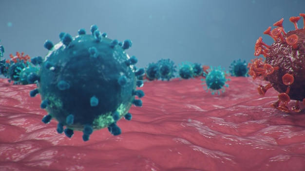 Patógeno chino llamado Coronavirus o Covid-19, como un tipo de gripe. Brote de coronavirus, que conduce a la muerte. Concepto de pandemia que infecta los pulmones, es decir, neumonía atípica, ilustración 3D