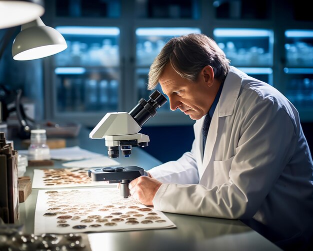 Un patólogo examinando muestras de tejido bajo un microscopio en un laboratorio hospitalario brillante