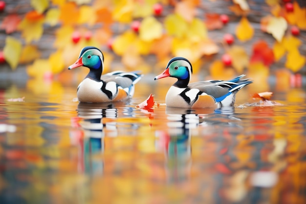 Patos ao lado de folhas de outono flutuantes